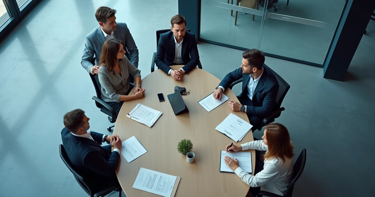 Team in office with one leader standing, others showing mixed reactions 