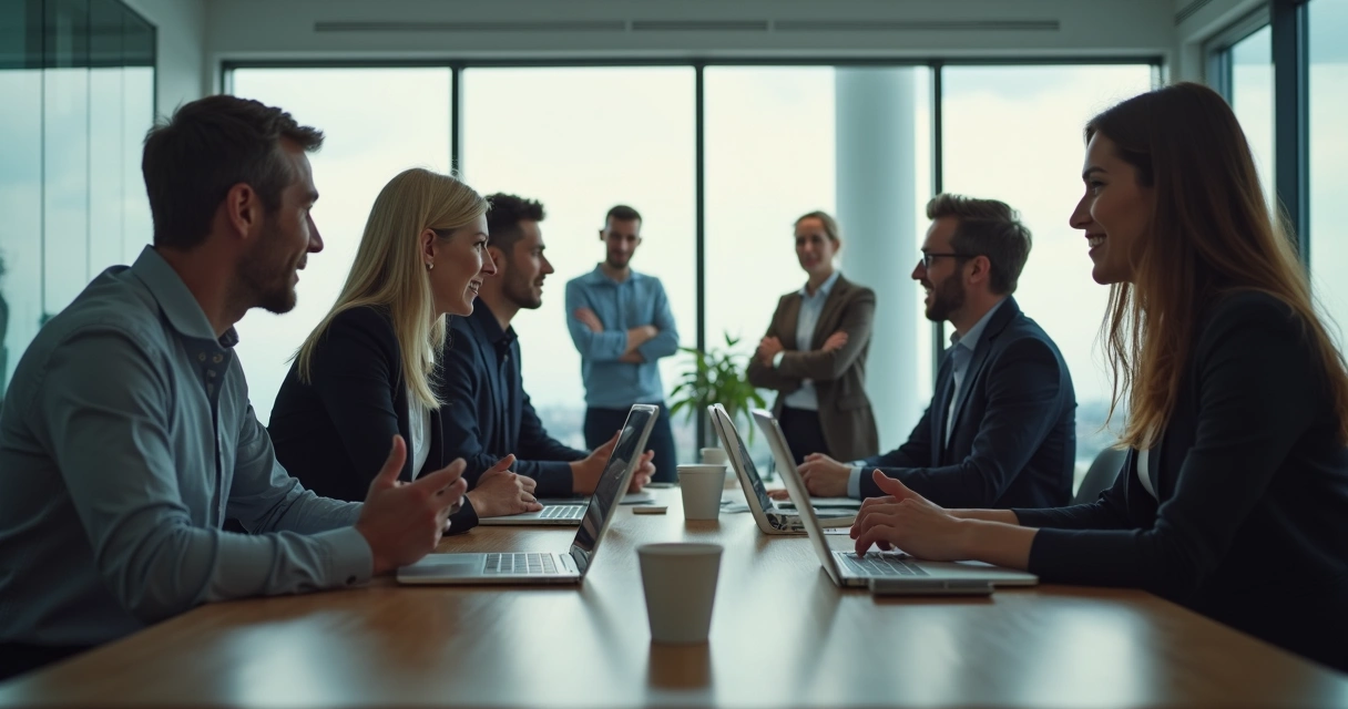 Businesspeople in an office, some in formal discussion, others talking in smaller groups