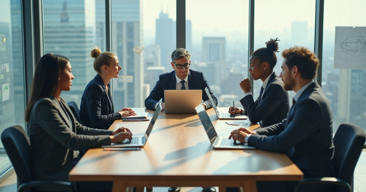 Business team in meeting showing subtle power dynamics at work 
