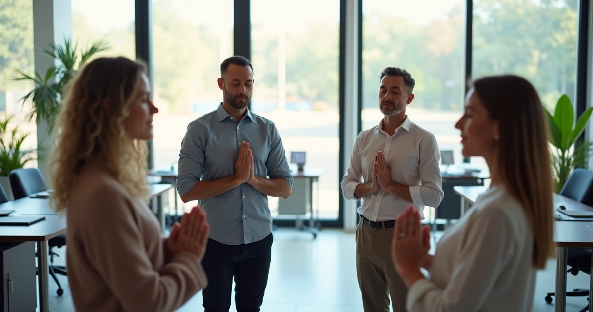 Team in an office setting sharing a moment of mindful presence before a meeting. 