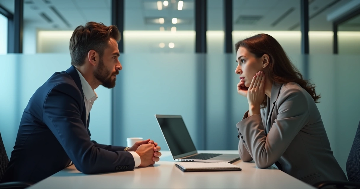 Two coworkers in a tense office conversation near a desk