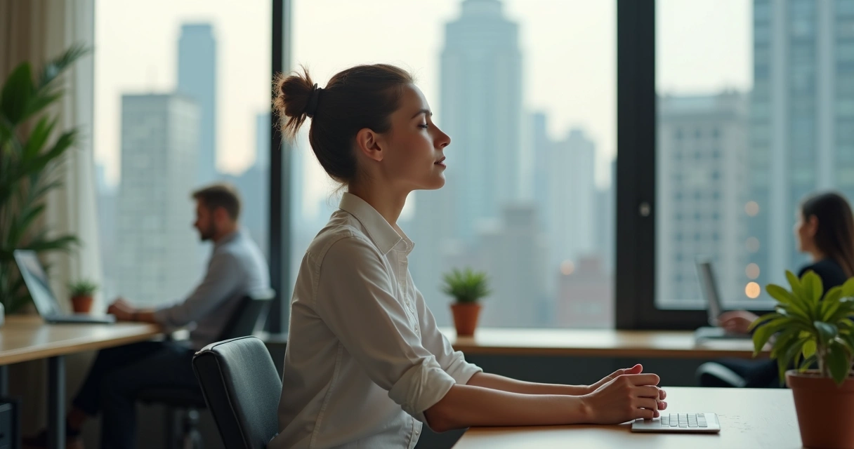 Coworker sits beside large window with city view, taking a quiet moment with a small plant on desk 