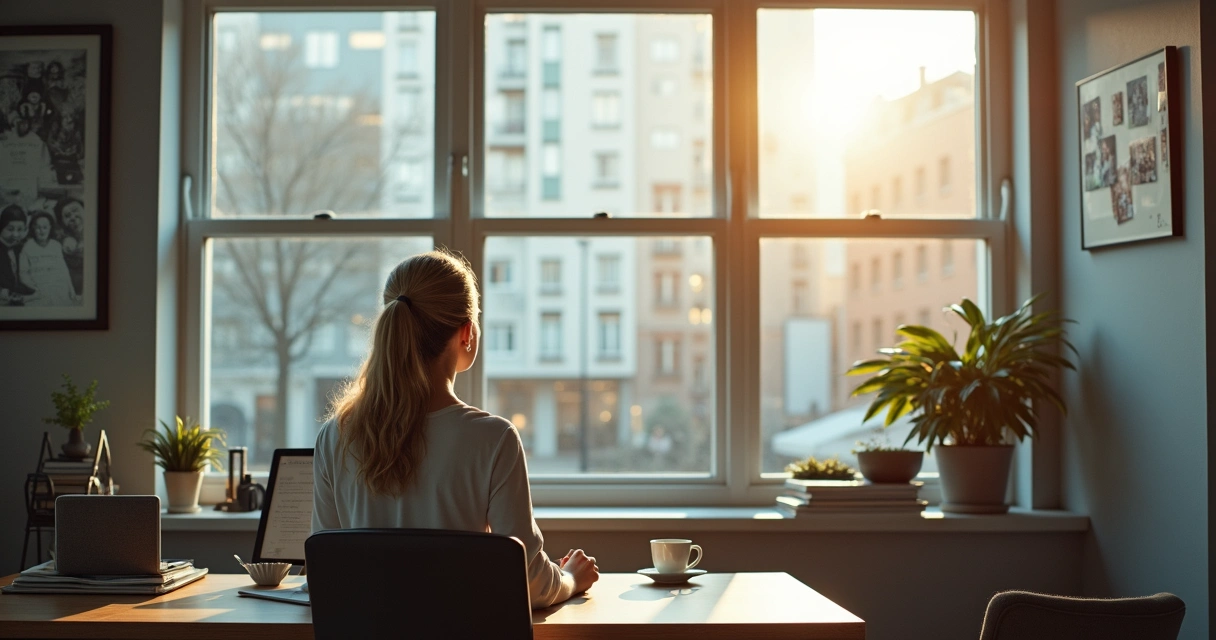 Professional woman looking thoughtful at her desk with reflections overlayed on the window 