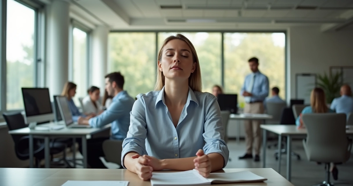 Calm worker sitting at office desk practicing mindful breathing 