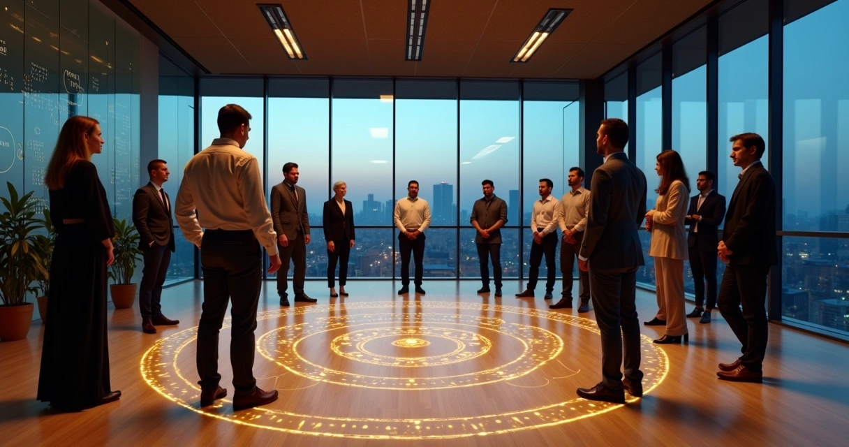 Team standing in office circle with glowing ritual patterns on floor 