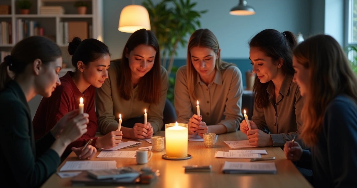 Coworkers holding a candlelight ritual in office memory gathering 