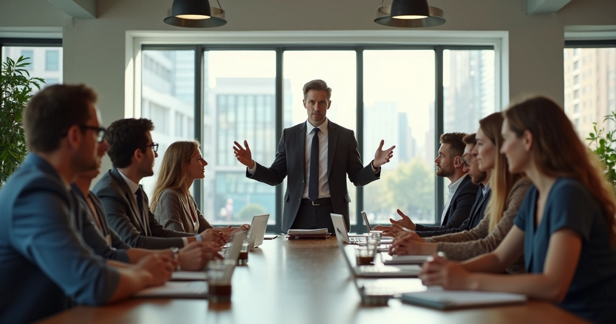People in an office observing the calm behavior of a leader during a team meeting 