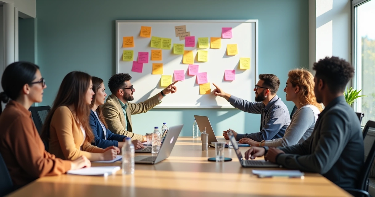 Colleagues discussing office routines around a table