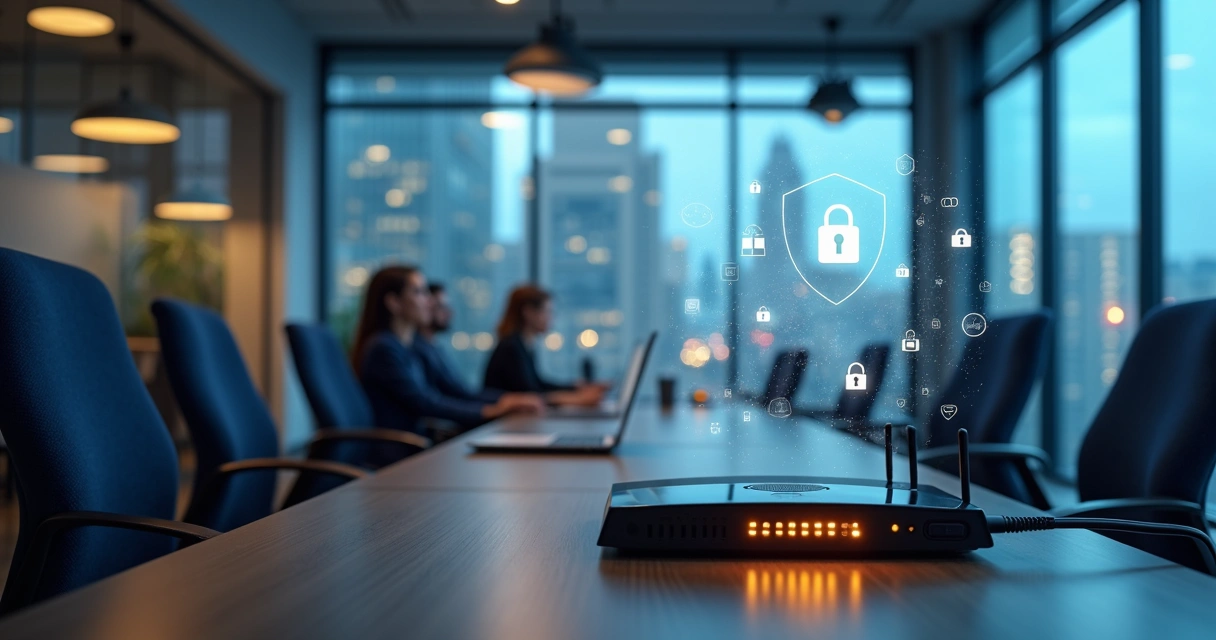 Office scene with secure routers and network devices 