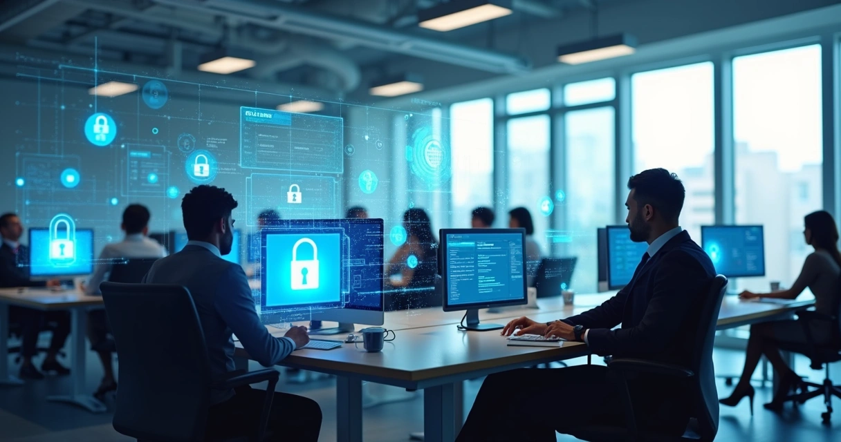Business office with staff at computers, digital security checks displayed on monitors