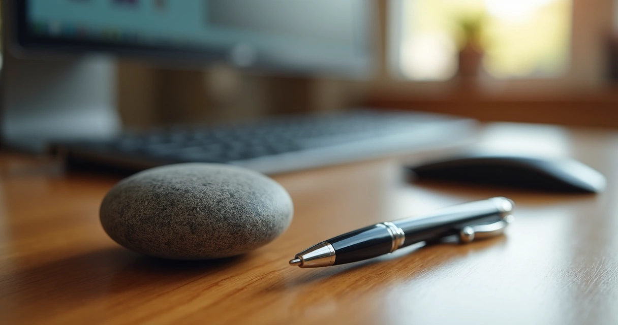 Smooth stone and pen on a leader’s desk