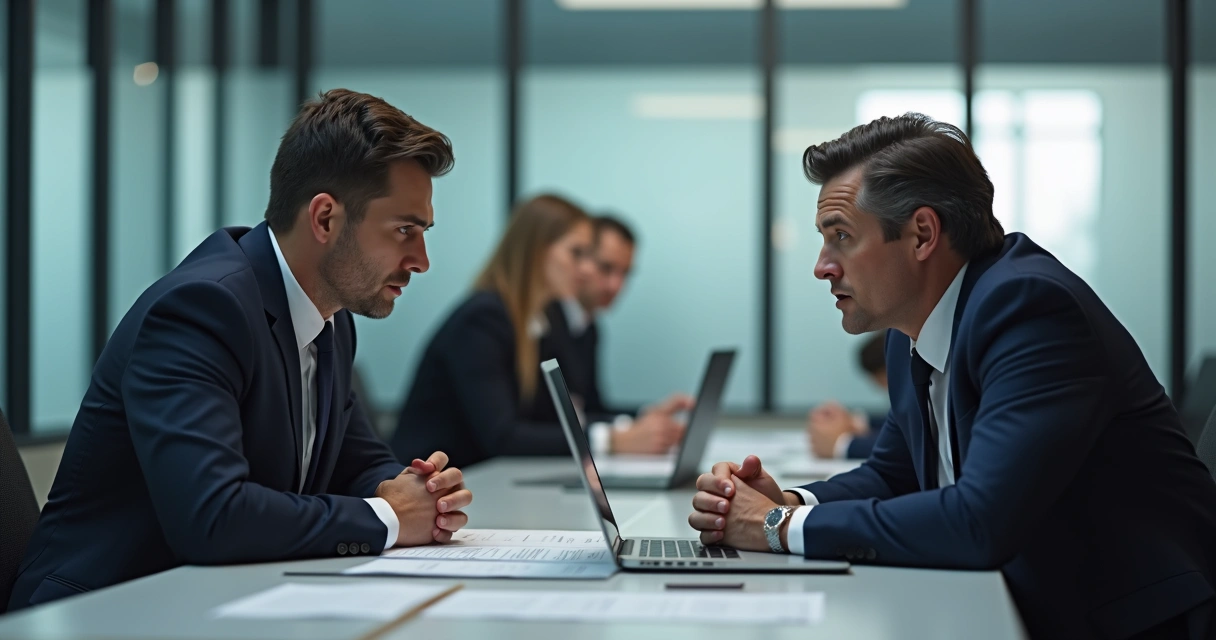 Managers in an office, subtle tension between them as they discuss a project 