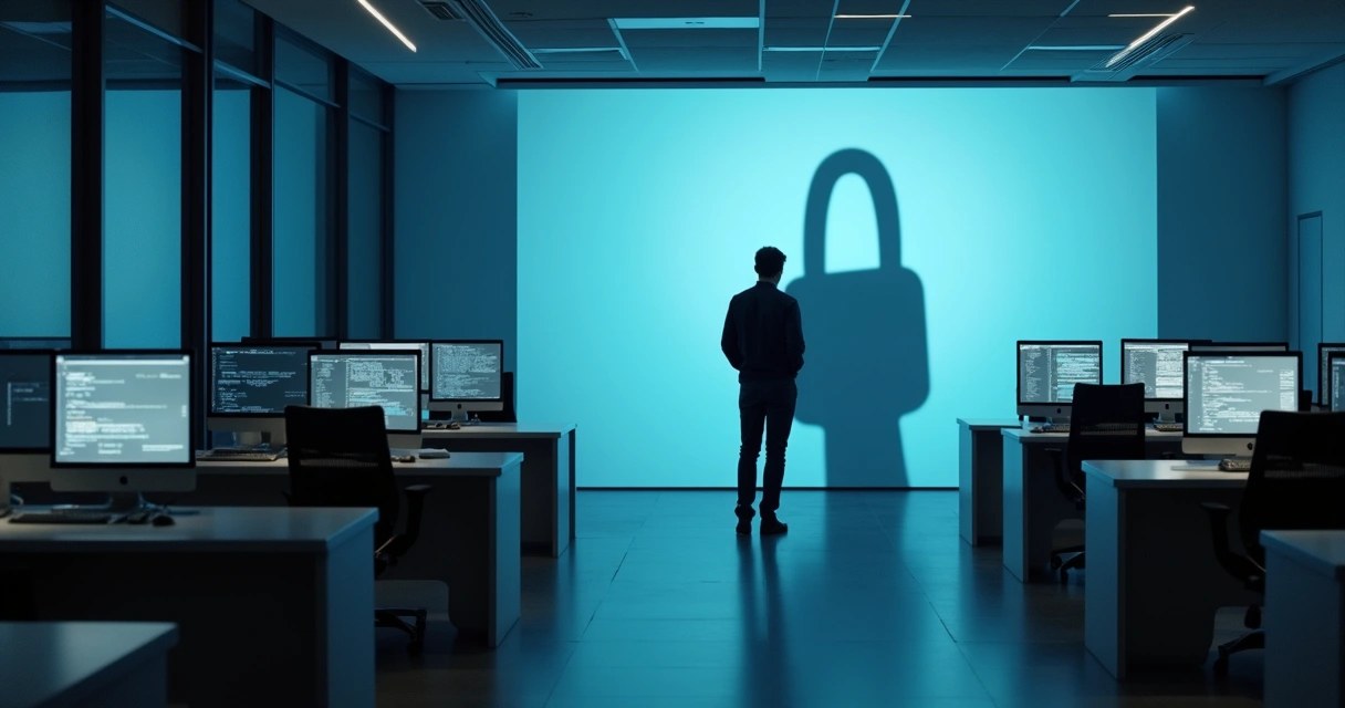 Corporate worker silhouette casting oversized key-shaped shadow on office wall 