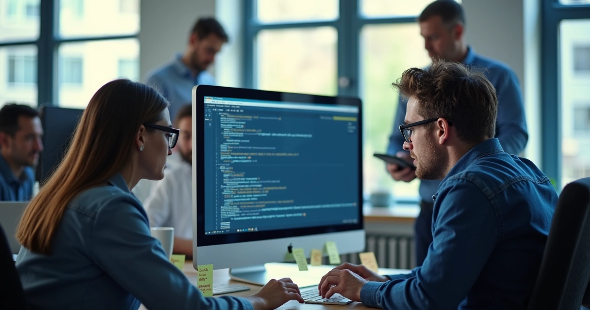 Unapproved software setup on an office computer, team collaborating nearby 