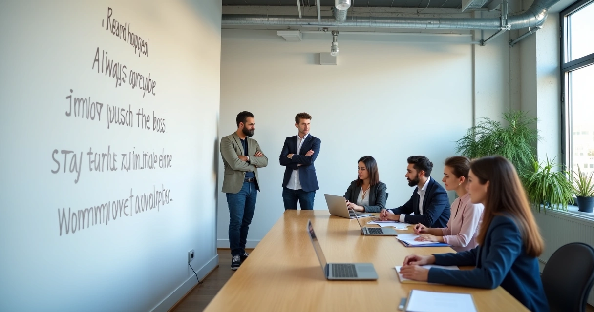 Team in modern office with hidden shadow rules on wall 