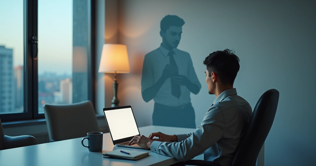 Professional at desk with confident posture and sabotaging shadow on wall 