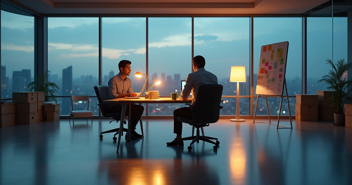 Professional at desk watching shadow versions of self in tug of war 