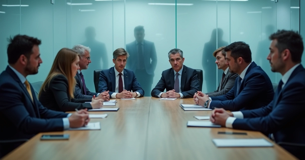 A group of employees in formal clothing sitting around a conference table, some avoiding eye contact and others looking down; subtle tension shown in their posture, modern office setting, cold blue and gray tones