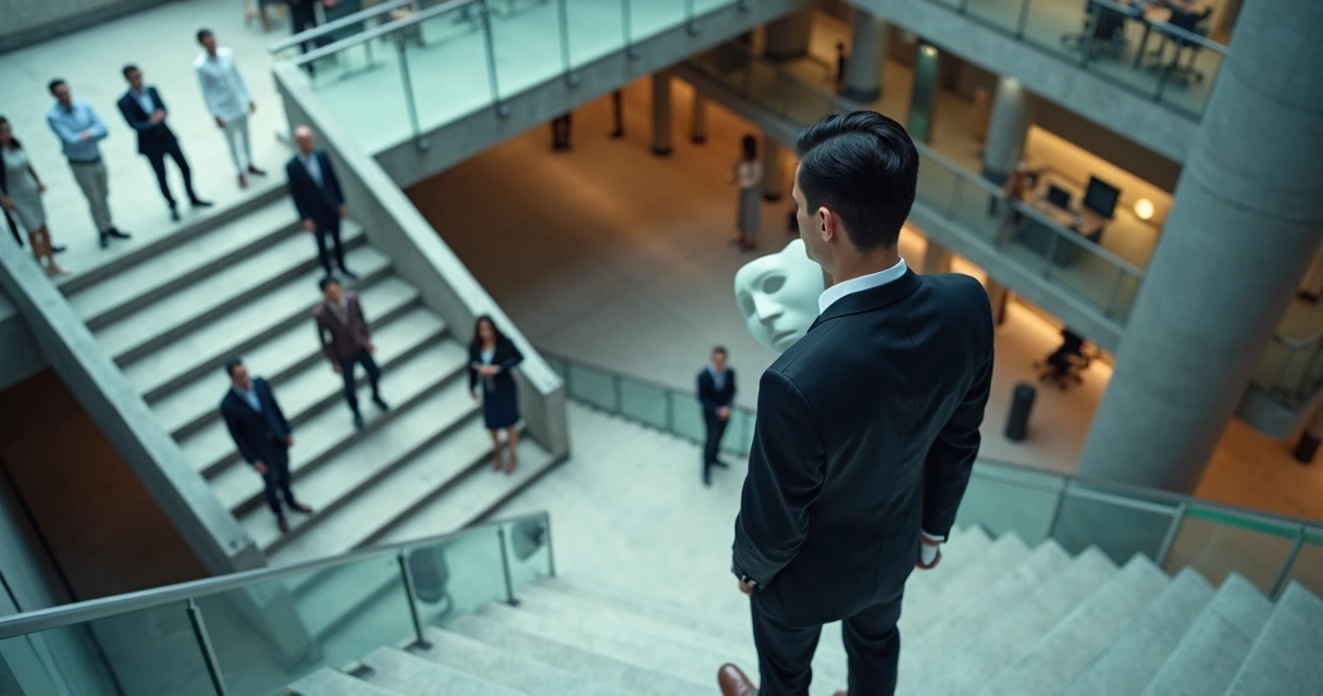 Worker at office staircase holding a mask while colleagues watch from above 