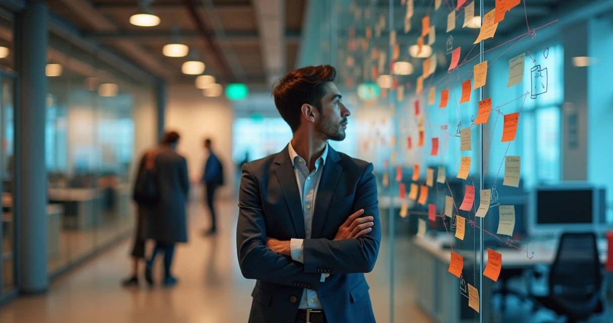 Manager observing subtle shame patterns mapped on office wall 