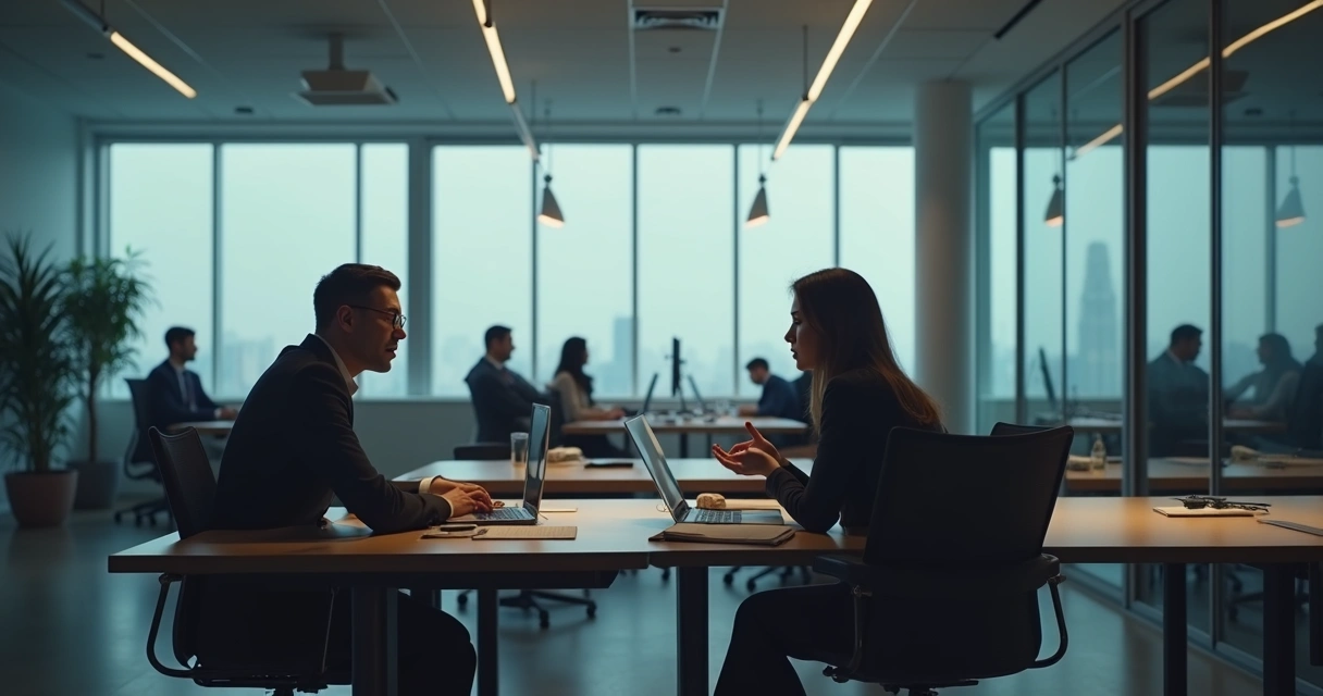 Two coworkers having a quiet side conversation in the corner of an office, others working independently at their desks, muted tones, emphasis on secrecy, photorealism, 8k, ultra-detailed, high resolution