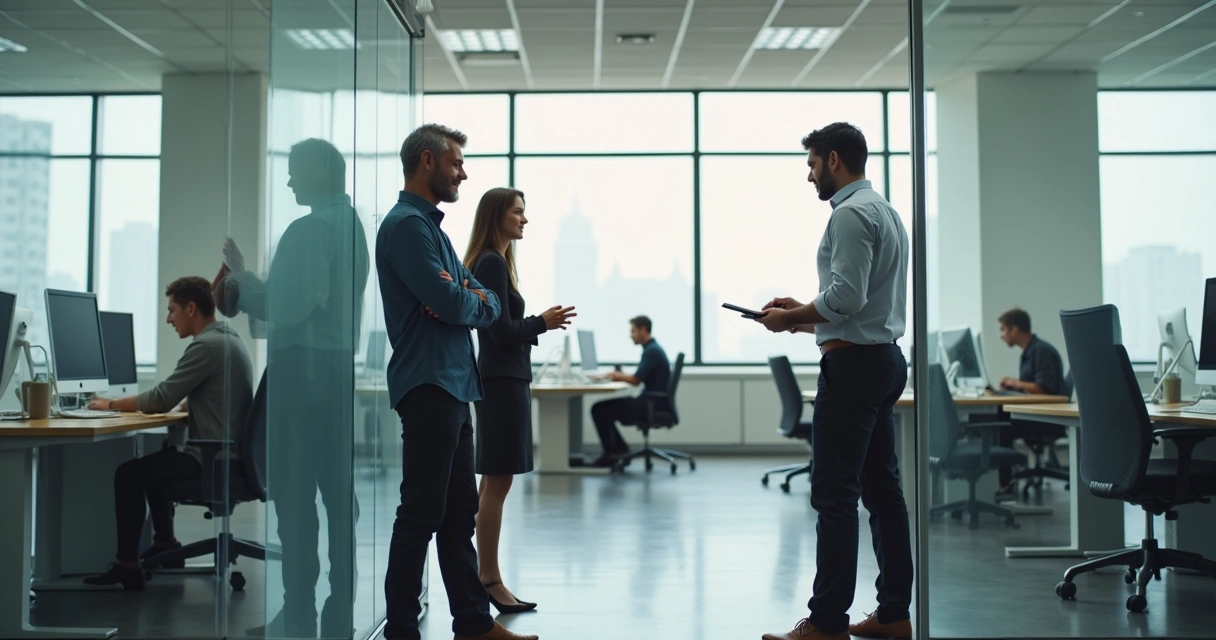 Two coworkers in a side conversation while others work at desks
