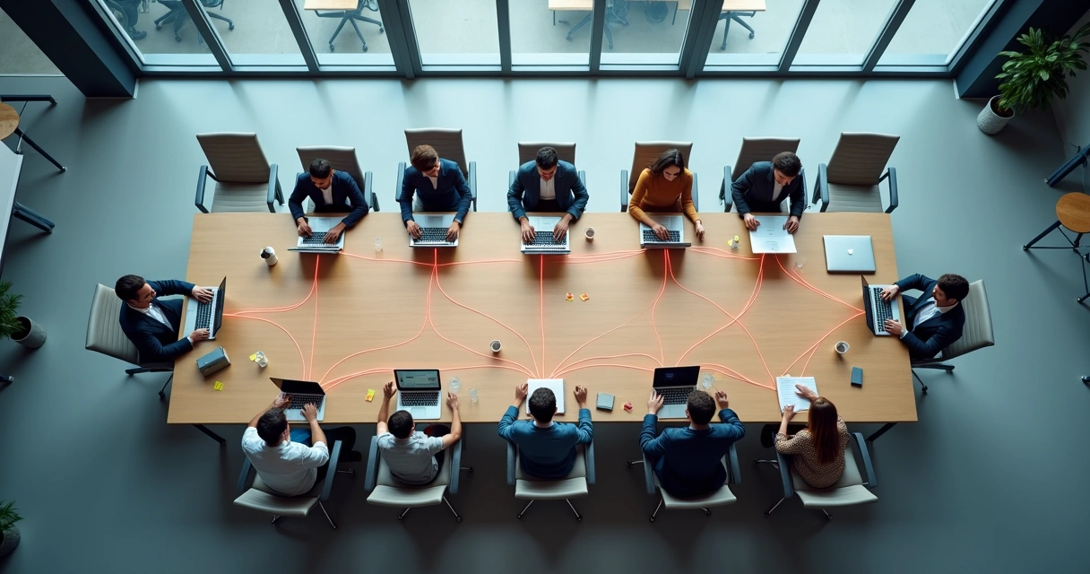 Aerial view of office table where colored lines show tensions between silent coworkers 