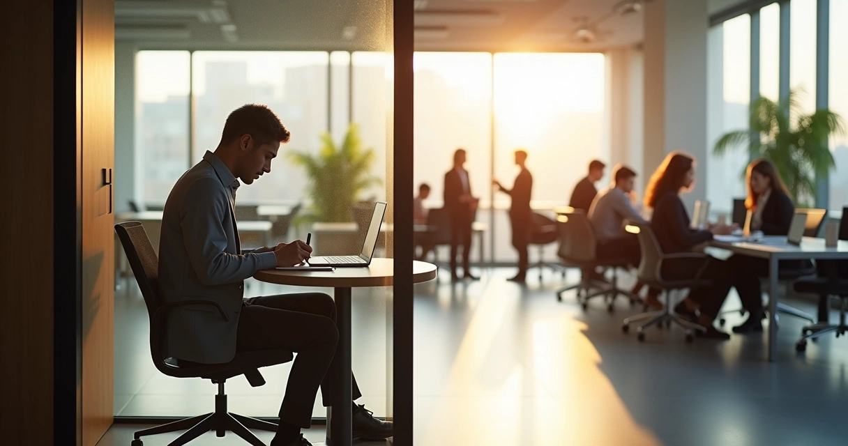 Professional sitting in quiet glass meeting room reflecting while team works outside 