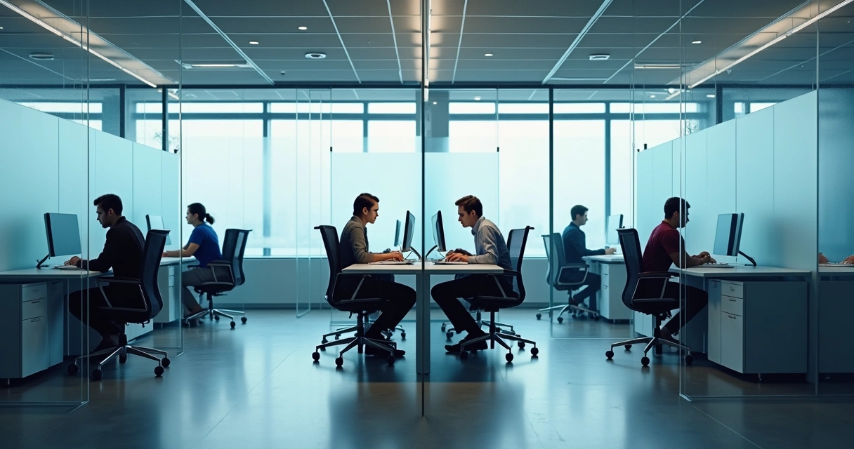 Employees from different teams separated by glass walls in a modern office