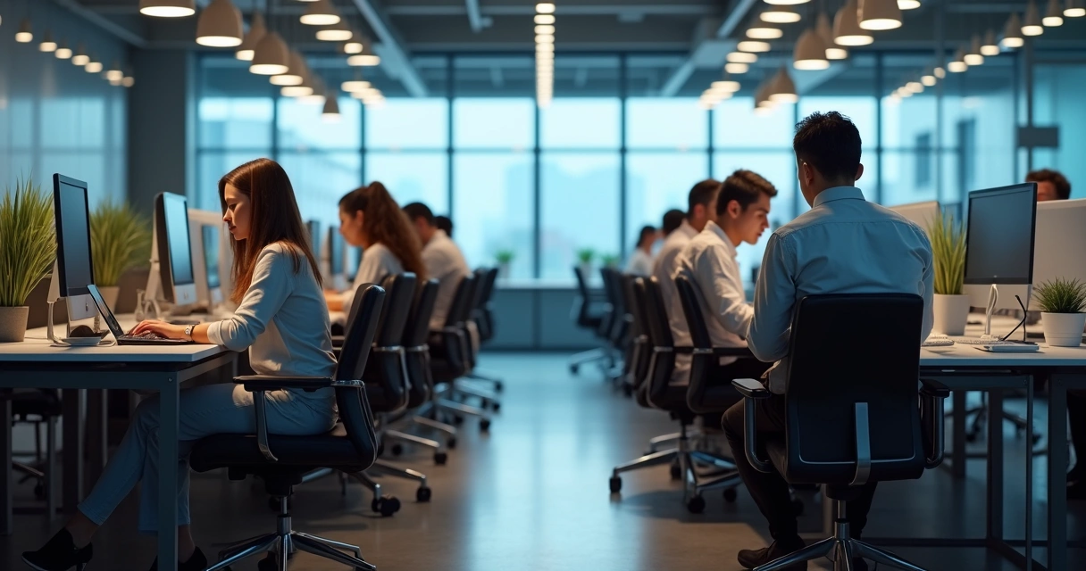 Two groups of office employees sit on opposite sides, facing away from each other at different tables 