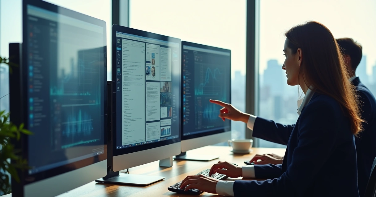 Multiple software interfaces connected on a single office computer screen 