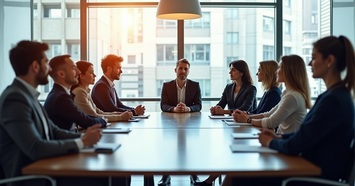People in an office pausing to check their body posture during a meeting 