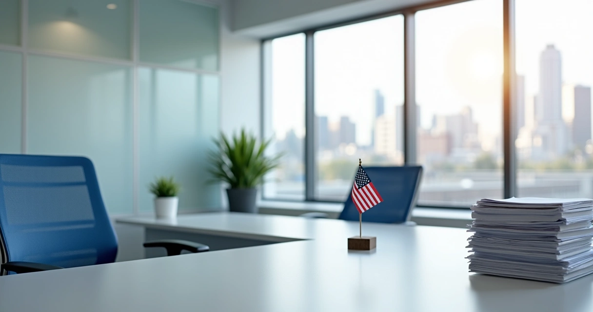 Modern U.S. office space with an empty desk and paperwork