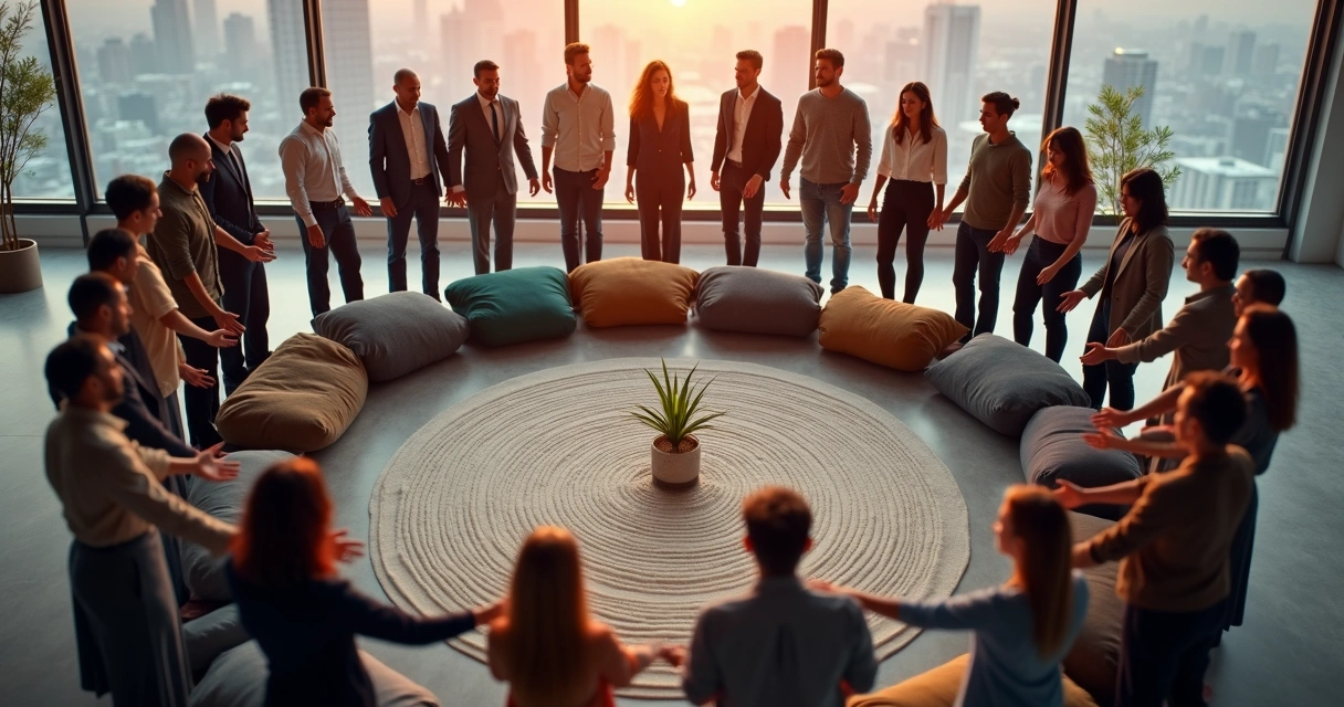 Circle of coworkers forming a spiral pattern with hands linked around a central cloth in an office lounge 