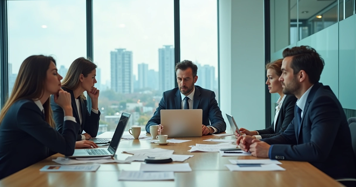 Colleagues under pressure in modern office with one person pausing amidst tension
