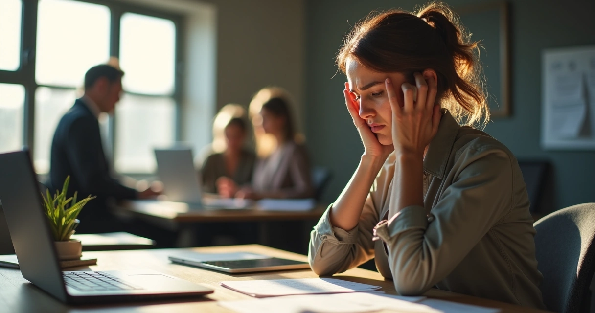 Woman in office with tense body language, stressed expression, hands clenched on desk 