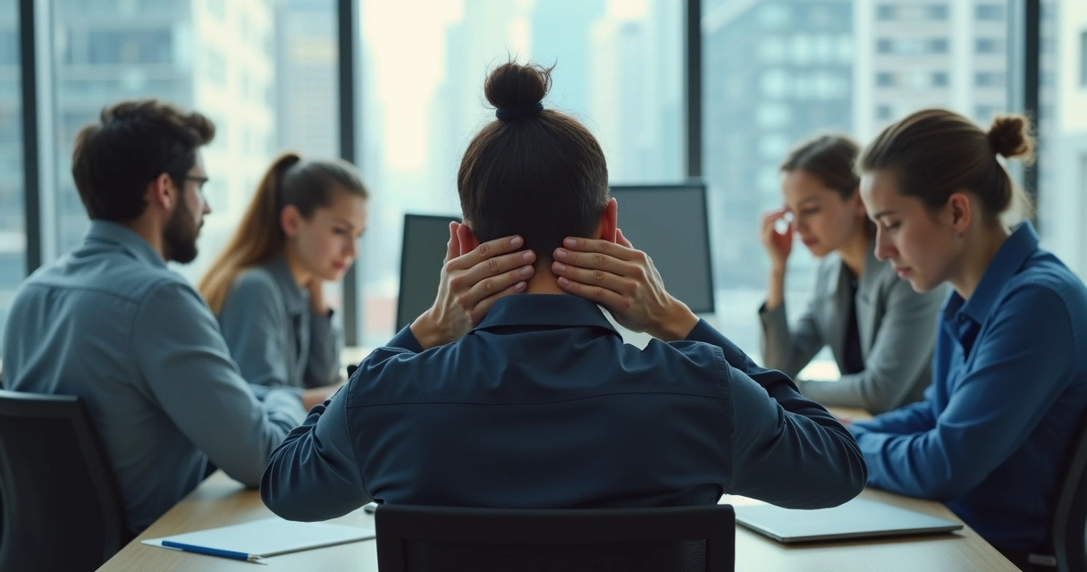 People in an office setting showing signs of stress, such as holding their head or rubbing their neck 