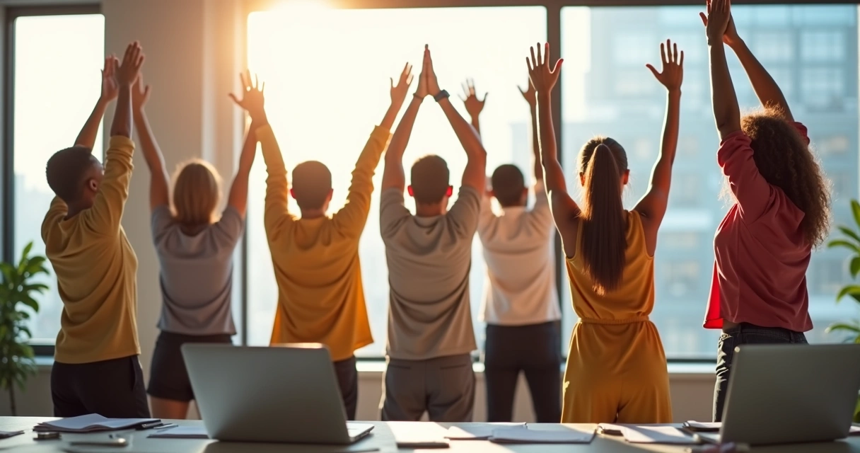 People stretching together in a bright office space 