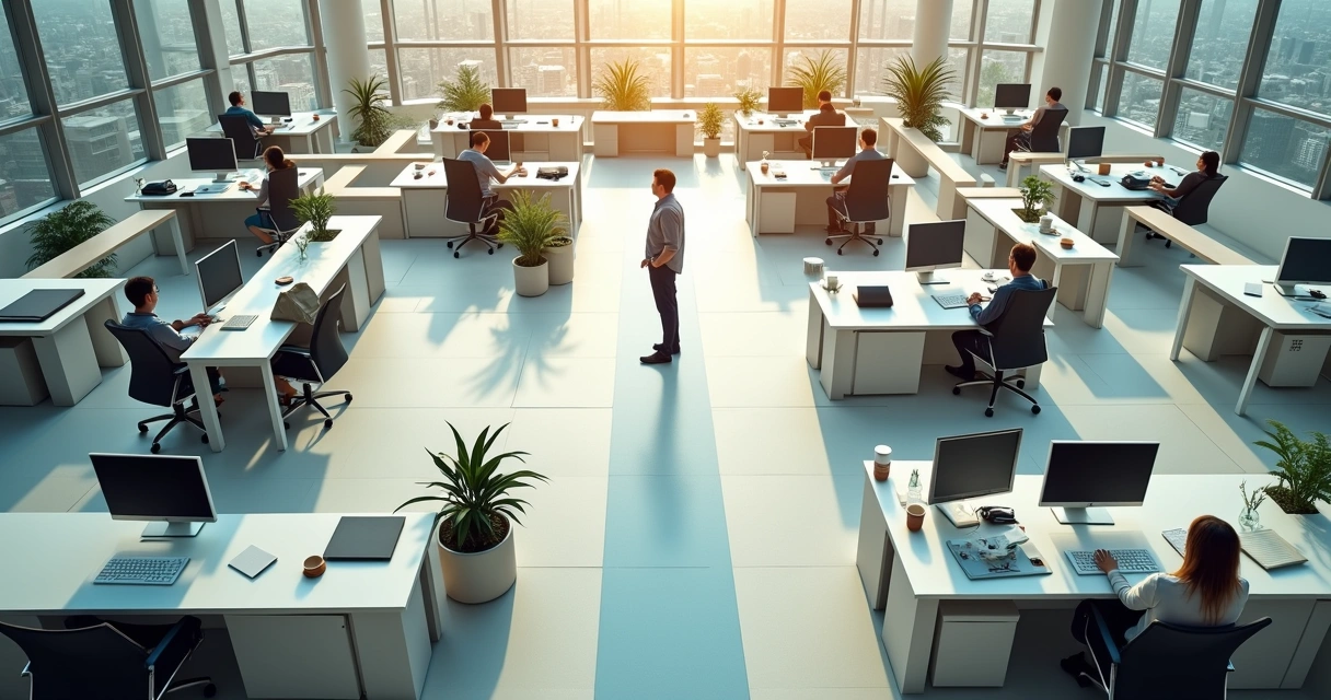Aerial view of office floor as maze revealing hidden behavior patterns 