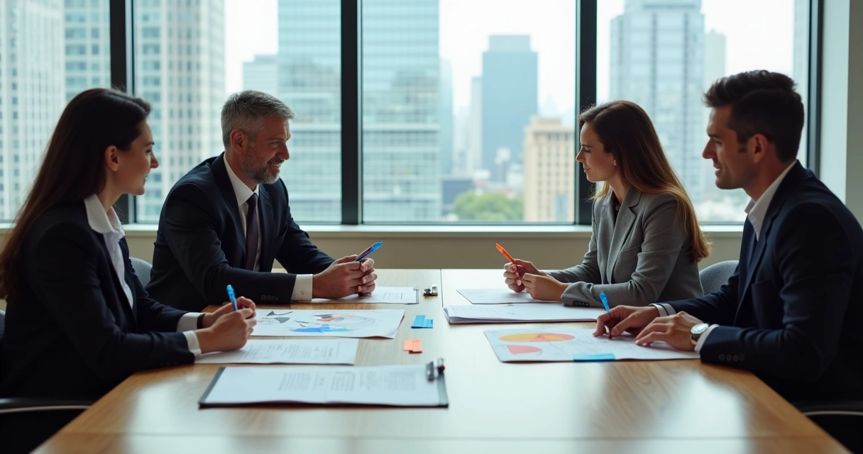 Business team at a table facing a decision with multiple options laid out