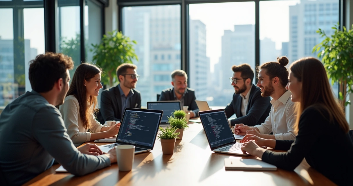 Office team gathered around a table discussing software development and automation 