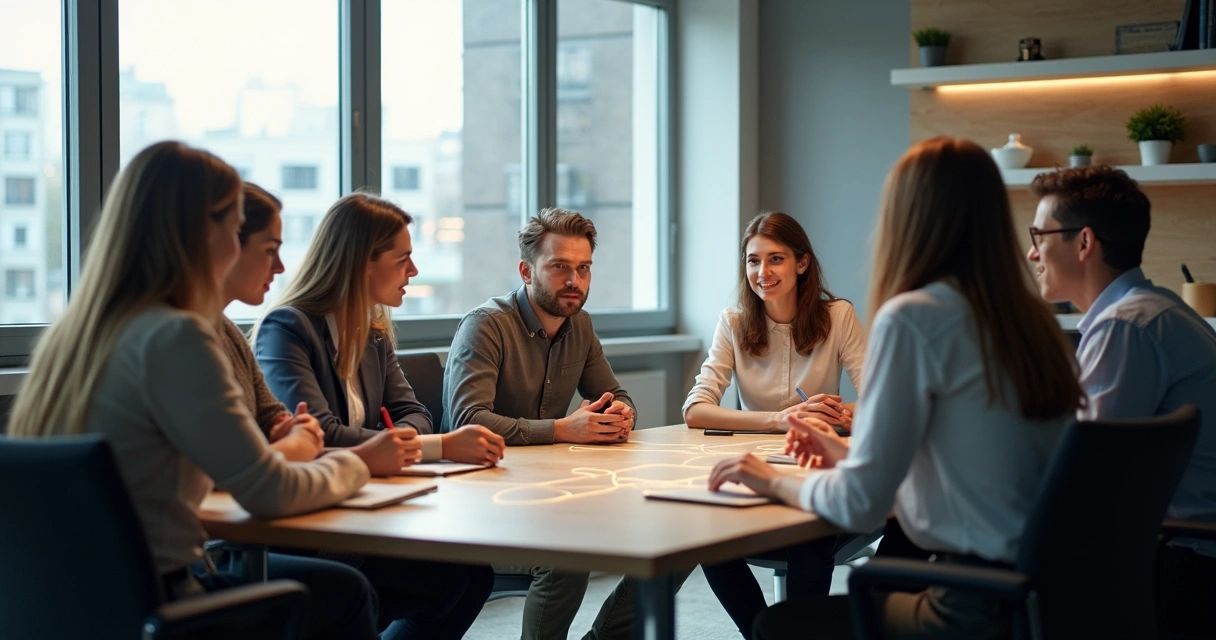 Group of colleagues at a meeting table with connection lines between them 