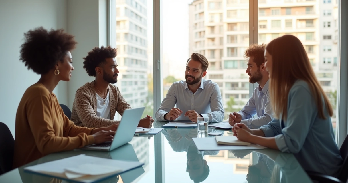 Team at a modern office table having a feedback discussion