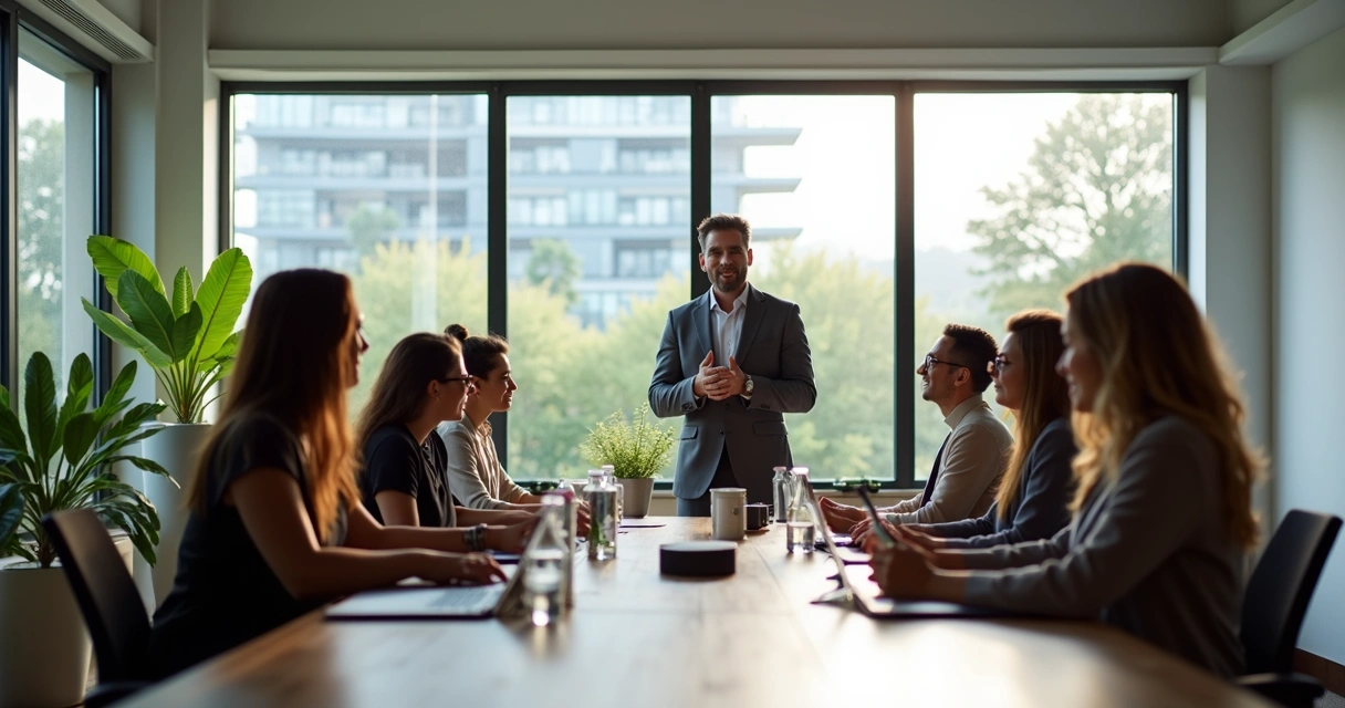 Team leader standing at the front with colleagues listening around a modern office table. 