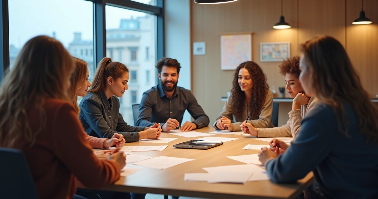Team members gathered at a table, discussing around documents