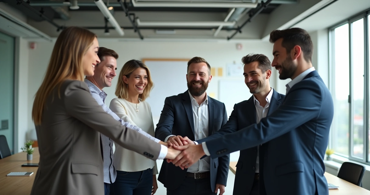 Team standing in a circle at the office, hands together in center 