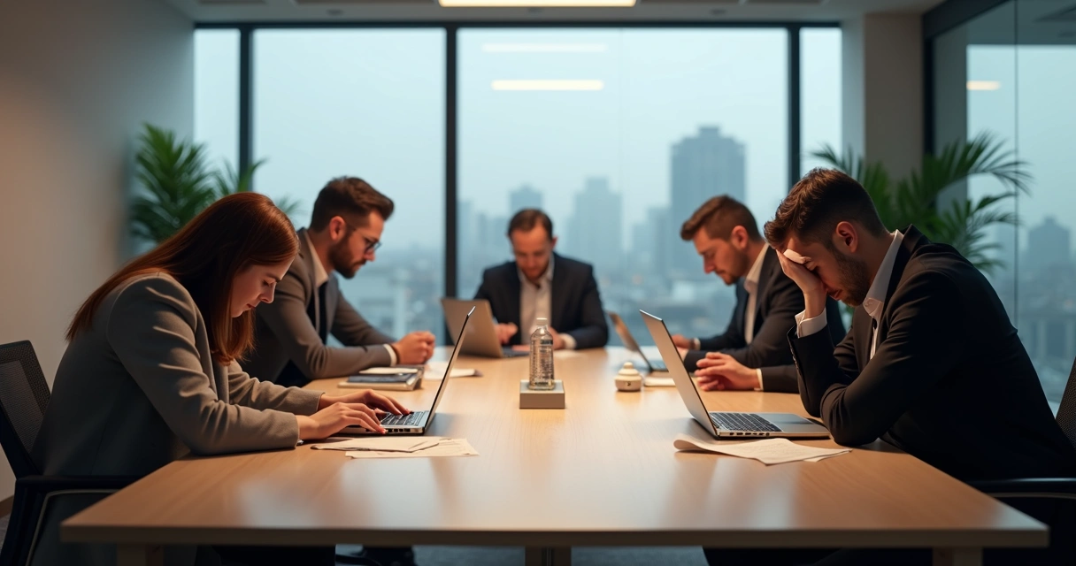 Colleagues looking upset at a meeting table 