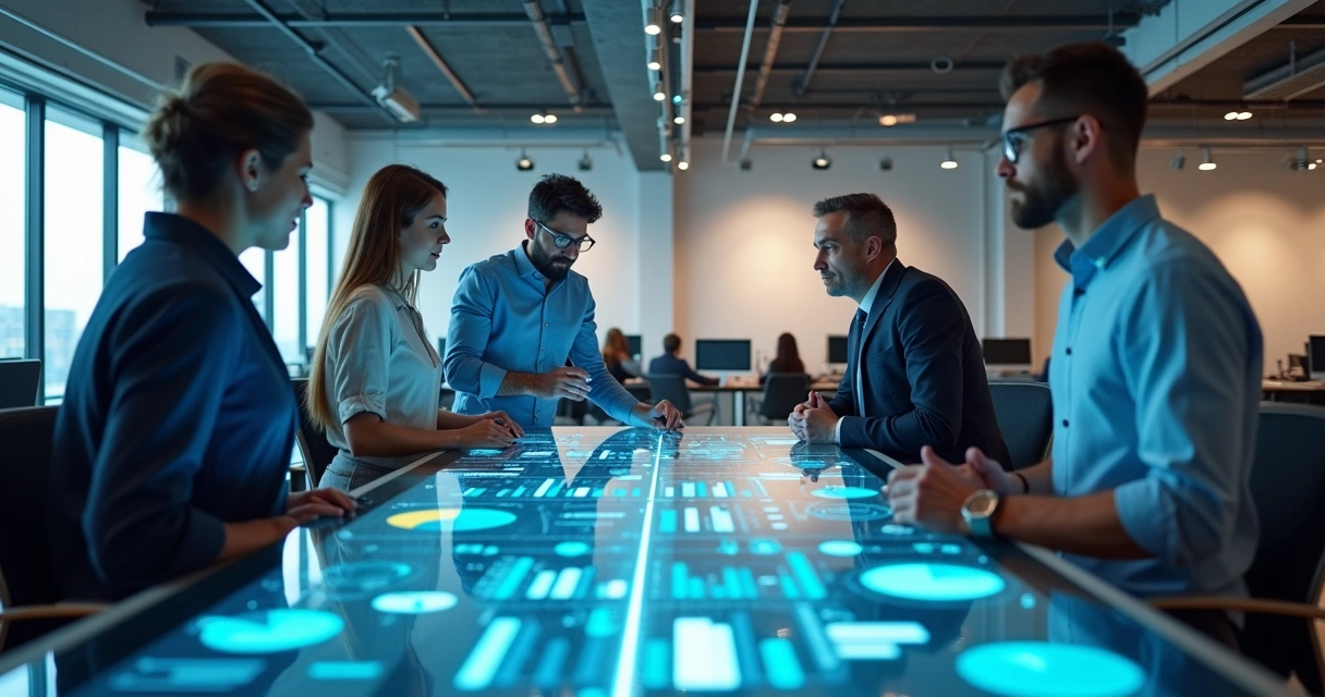 Office team collaborating on a digital interface showing labor and tax data 
