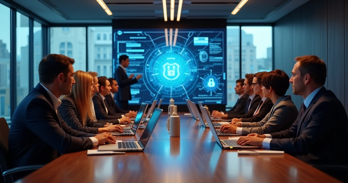 Employees attending a cybersecurity training session in a meeting room 