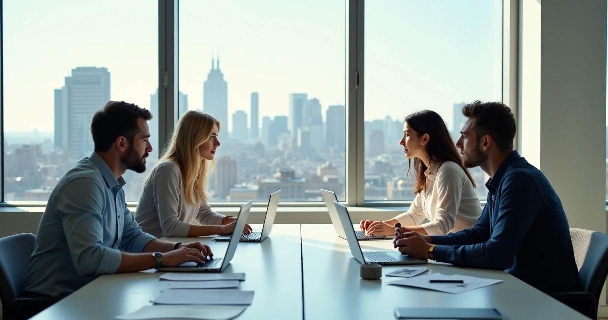 Three coworkers in an office, two on one side talking and gesturing towards a third person across the table 